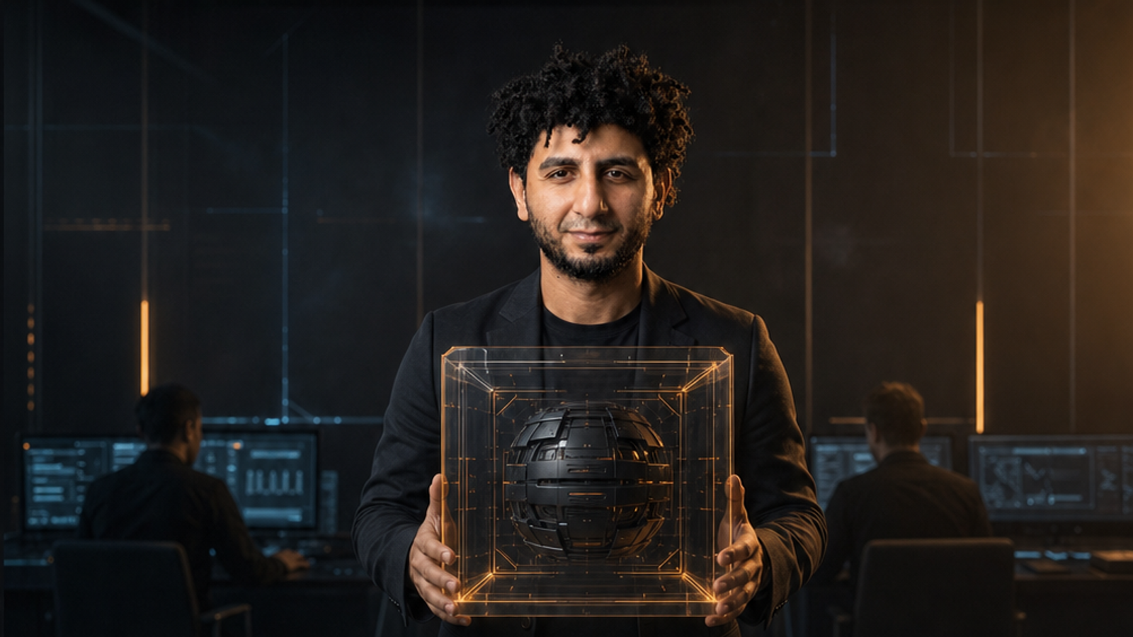 Ahmed holding an AI core inside a glass containment chamber